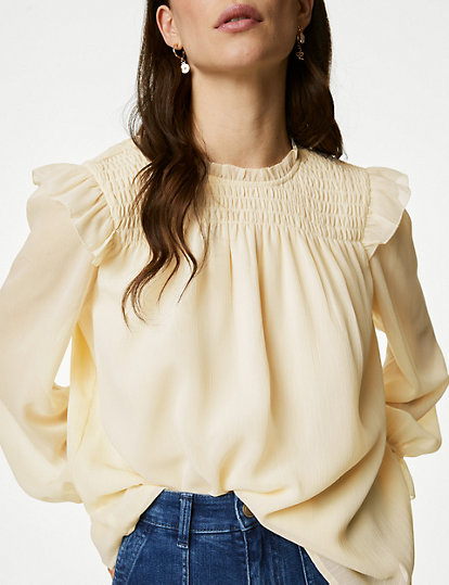 Shirred High Neck Frill Detail Blouse