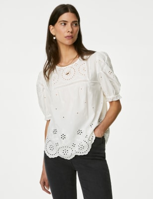 Pure Cotton Broderie Puff Sleeve Blouse