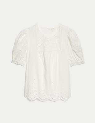 Pure Cotton Broderie Puff Sleeve Blouse