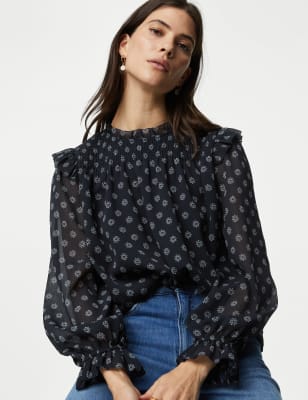 

Womens Per Una Floral High Neck Shirred Blouse - Navy Mix, Navy Mix