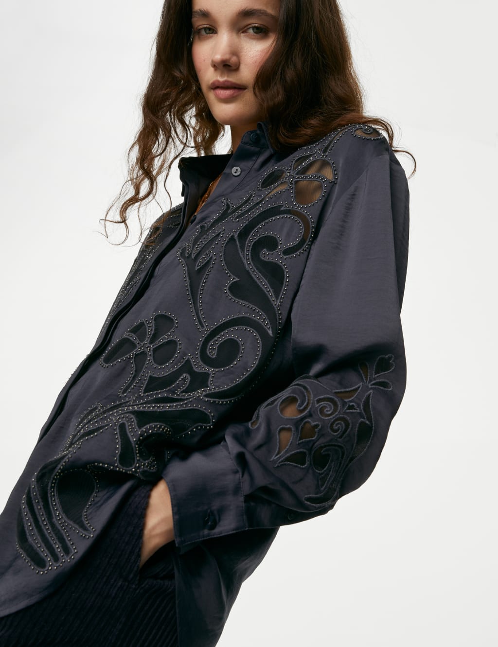 Satin Beaded Collared Cutwork Detail Shirt image 1