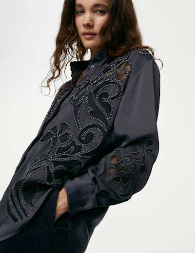 Satin Beaded Collared Cutwork Detail Shirt