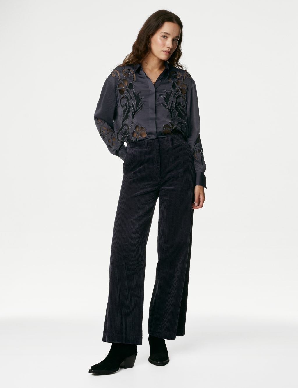 Satin Beaded Collared Cutwork Detail Shirt image 3