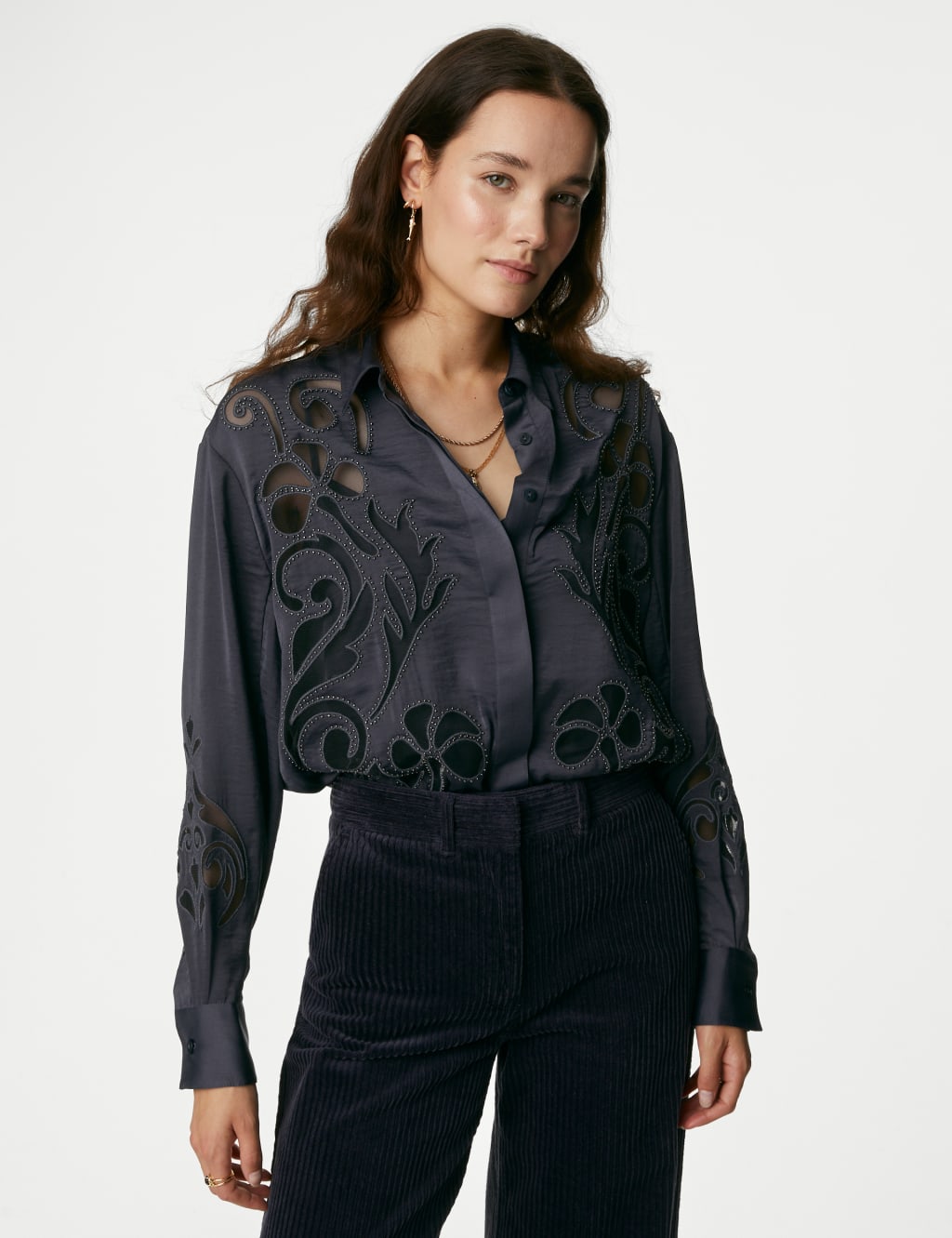 Satin Beaded Collared Cutwork Detail Shirt image 4