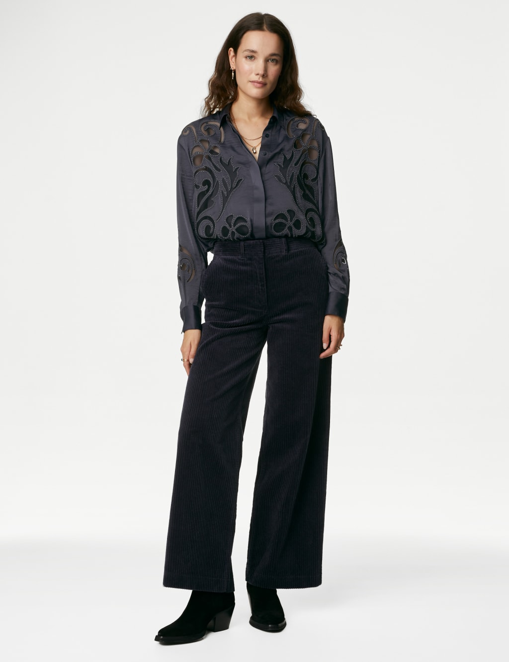 Satin Beaded Collared Cutwork Detail Shirt image 6