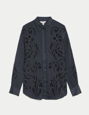 Satin Beaded Collared Cutwork Detail Shirt | Per Una | M&S