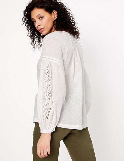 Pure Cotton Textured Long Sleeve Blouse
