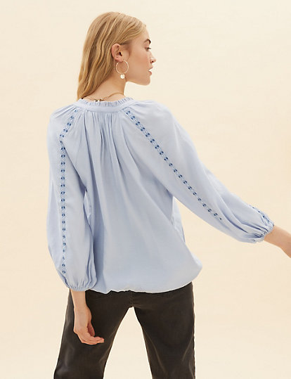 Embroidered Relaxed Blouson Sleeve Blouse