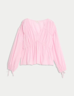 Cotton Rich V-Neck Seam Detail Blouse 1 of 6