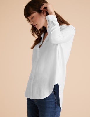 Womens Per Una Blouse 100 % coton avec col et fermeture à boutons-pression - Soft White