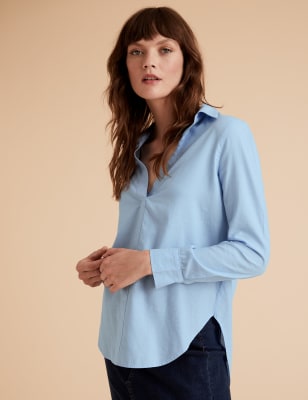 Womens Per Una Blouse 100 % coton avec col et fermeture à boutons-pression - Chambray