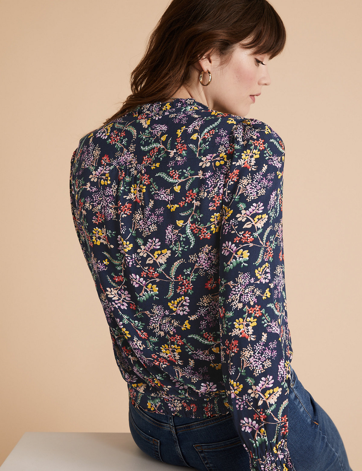 Floral High Neck Long Sleeve Popover Blouse