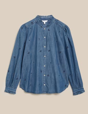 denim ruffle blouse