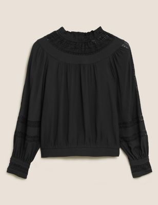 M&S Per Una Womens High Neck Lace Insert Long Sleeve Blouse