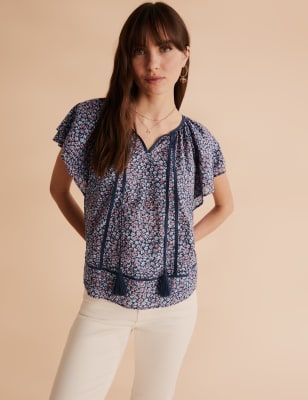 Womens Per Una Top 100 % coton à motif fleuri avec noeud avant - Navy Mix