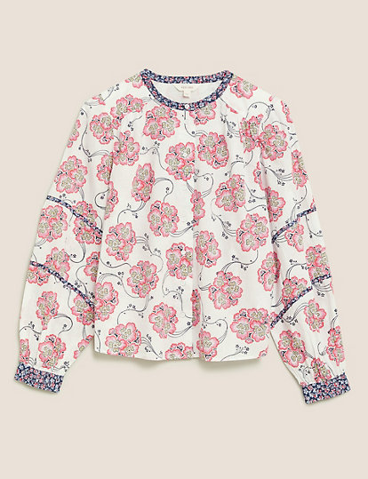 Pure Cotton Floral Collarless Blouse