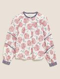 Pure Cotton Floral Collarless Blouse