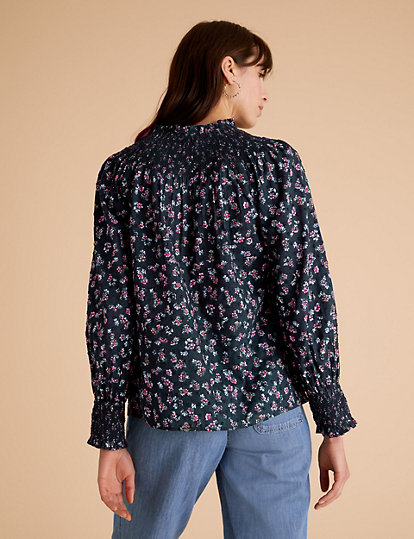 Pure Cotton Floral Smocked Popover Blouse
