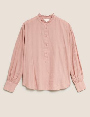 Womens Per Una Chemise sans col 100 % coton à rayures - Pink Mix