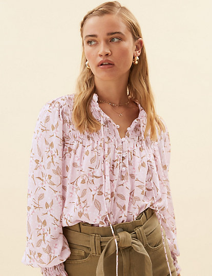 Ditsy Floral Tie Neck Long Sleeve Blouse