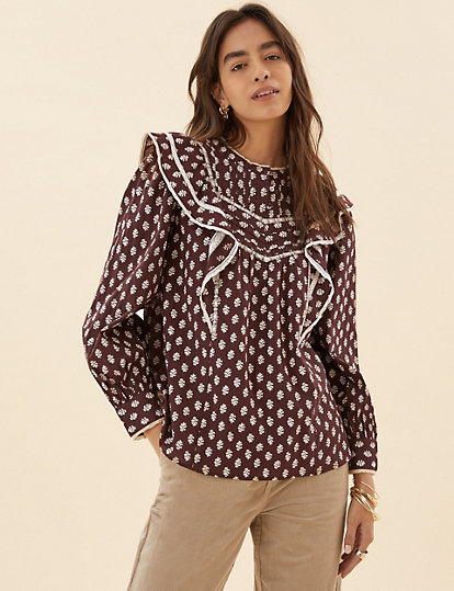 Pure Cotton Printed Lace Insert Blouse