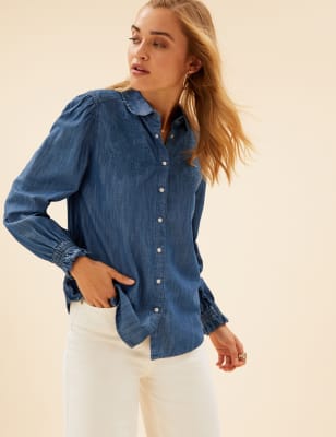 

Womens Per Una Tencel™ Denim Blend Floral Applique Shirt - Medium Indigo, Medium Indigo