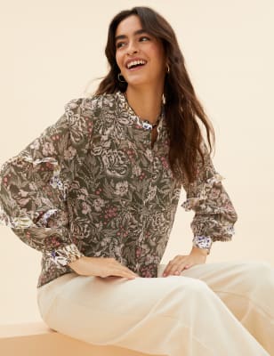 

Womens Per Una Floral Ruffle Long Sleeve Blouse - Khaki Mix, Khaki Mix