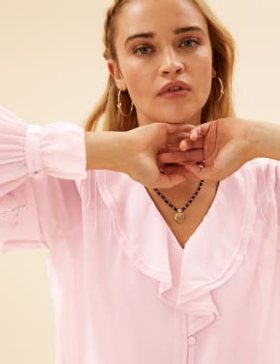 

Womens Per Una Blusa de manga larga de escote en pico con volante - Pink Shell, Pink Shell