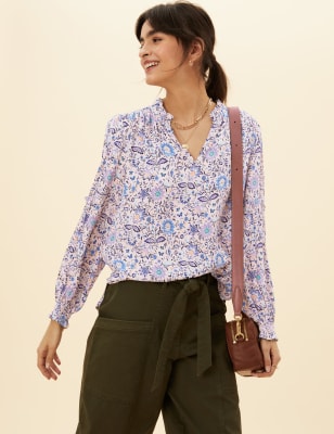 

Womens Per Una Popover-Bluse mit Blumenmuster und Volant - Natural Mix, Natural Mix