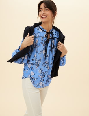 

Womens Per Una Floral Tie Neck Blouson Sleeve Blouse - Blue Mix, Blue Mix