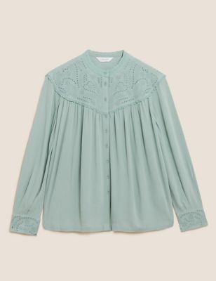Image of Per Una Womens Embroidered Collarless Long Sleeve Blouse - 8 - Soft Green, Soft Green