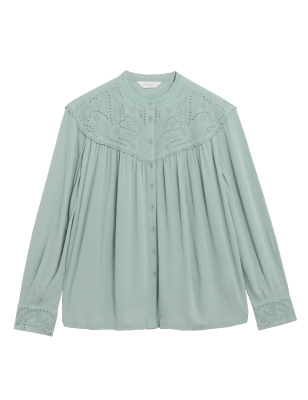 

Womens Per Una Embroidered Collarless Long Sleeve Blouse - Soft Green, Soft Green