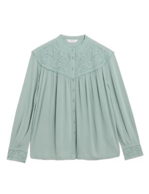 M&S Per Una Womens Embroidered Collarless Long Sleeve Blouse