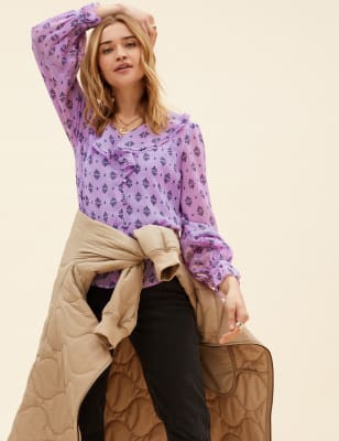 

Womens Per Una Geometric V-Neck Ruffle Blouse - Lilac Mix, Lilac Mix