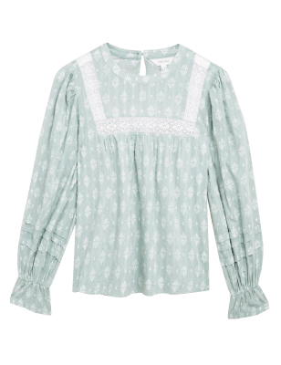 

Womens Per Una Pure Cotton Floral Lace Insert Blouse - Green Mix, Green Mix