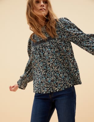 

Womens Per Una Bluse aus reiner Baumwolle mit Blumenmuster und Spitzeneinsatz - Black Mix, Black Mix