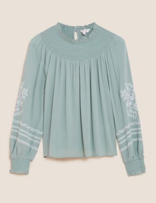 Image of Per Una Womens Embroidered High Neck Long Sleeve Blouse - 16 - Soft Green, Soft Green,Ivory Mix