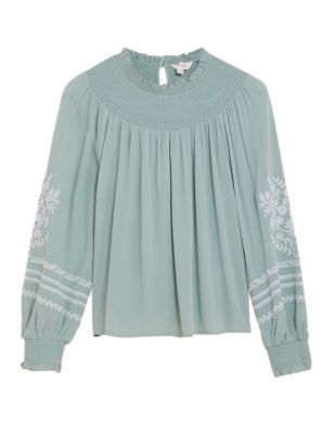 Womens Per Una Embroidered High Neck Long Sleeve Blouse - Soft Green