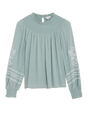 Womens Per Una Embroidered High Neck Long Sleeve Blouse - Soft Green