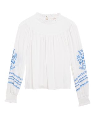 Womens Per Una Embroidered High Neck Long Sleeve Blouse - Ivory Mix