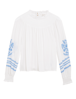 Womens Per Una Embroidered High Neck Long Sleeve Blouse - Ivory Mix