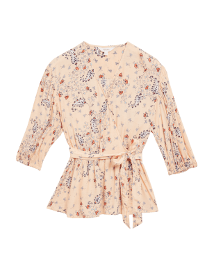 Womens Per Una Paisley V-Neck 3/4 Sleeve Wrap Blouse - Apricot Mix