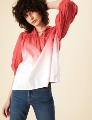 

Womens Per Una Gemusterte Bluse aus reiner Baumwolle mit halblangen Ärmeln - Red Mix, Red Mix