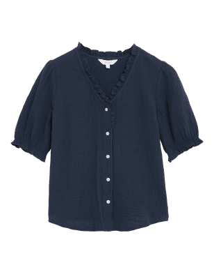 

Womens Per Una Pure Cotton Textured Short Sleeve Top - Navy, Navy