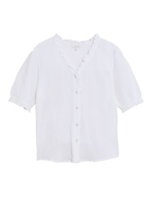 Womens Per Una Pure Cotton Textured Short Sleeve Top - Ivory, Ivory