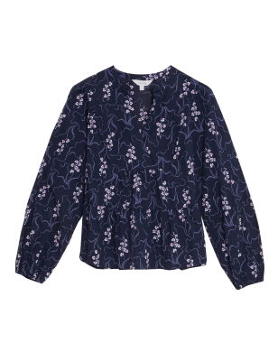 

Womens Per Una Gemusterte Blouson-Bluse aus reiner Baumwolle - Navy Mix, Navy Mix