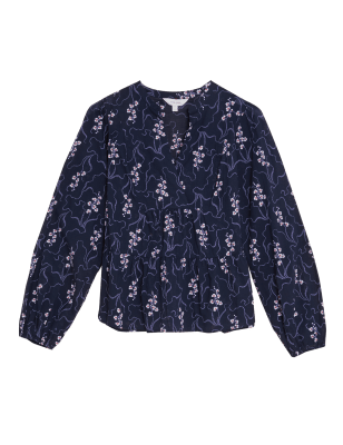 

Womens Per Una Pure Cotton Printed Blouson Sleeve Blouse - Navy Mix, Navy Mix