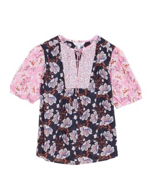 Womens Per Una Pure Cotton Floral Short Sleeve Blouse - Pink Mix