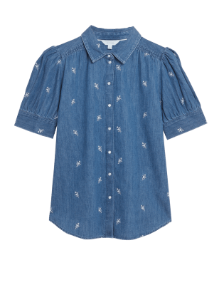 

Womens Per Una Bestickte Denimbluse mit Puffärmeln - Medium Indigo, Medium Indigo