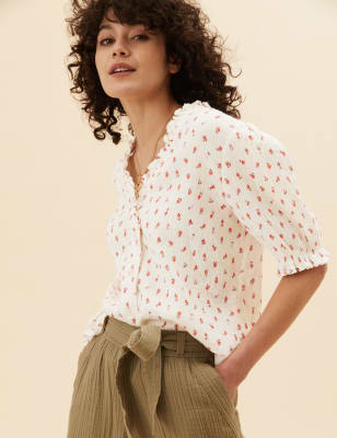 

Per Una Top 100% algodón de manga corta floral de escote en picoWomens - Ivory Mix, Ivory Mix